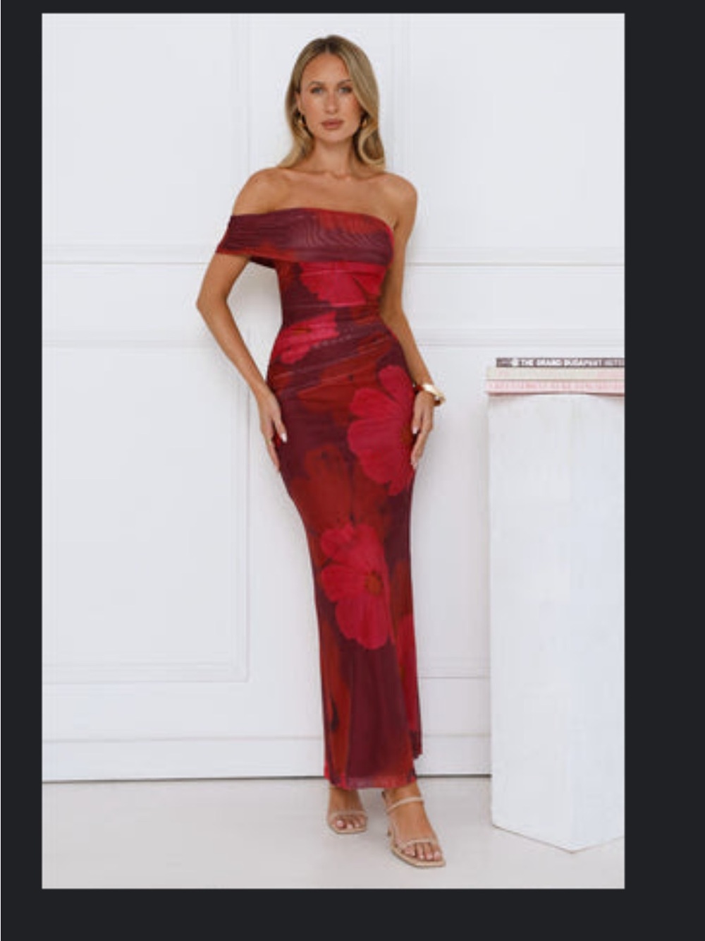 Hello Molly Off-Shoulder Red Floral Bodycon Maxi Dress